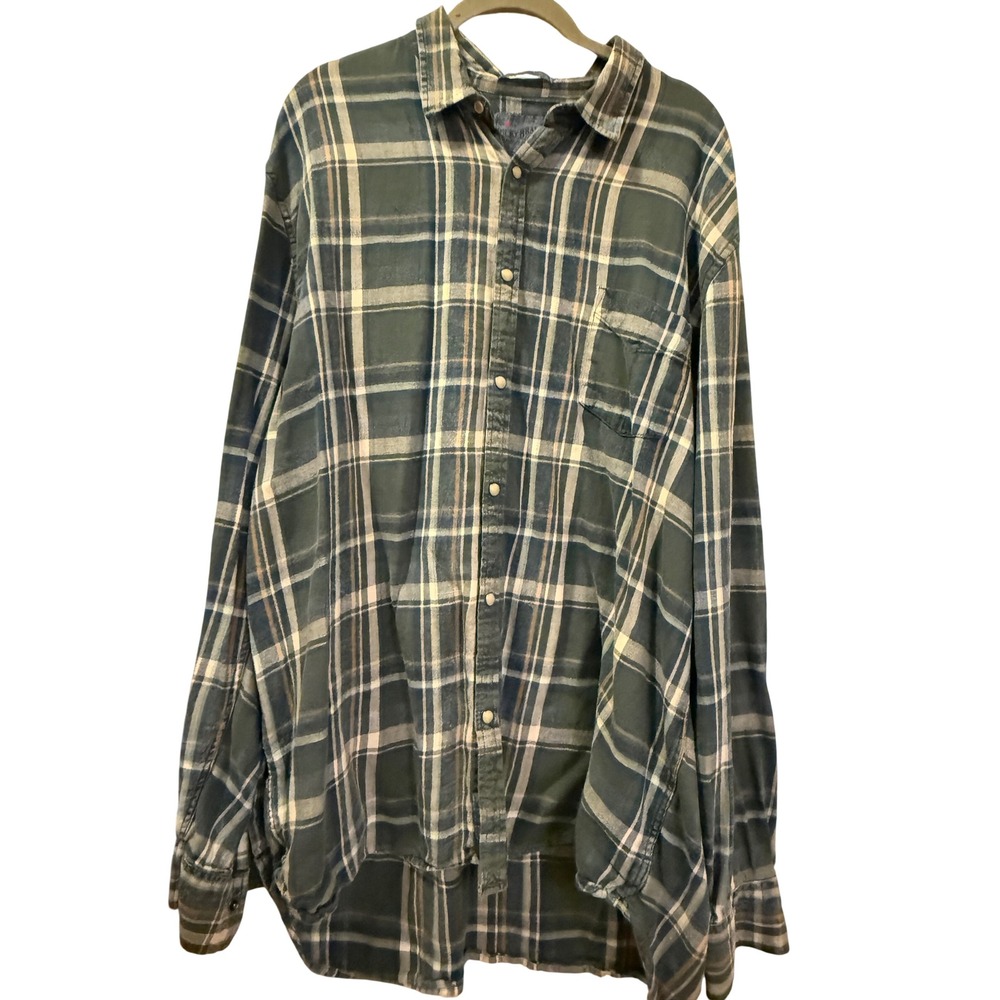 Lucky Brand True Indigo Plaid Flannel Shirt XXL Green Blue Classic Fit Button Up